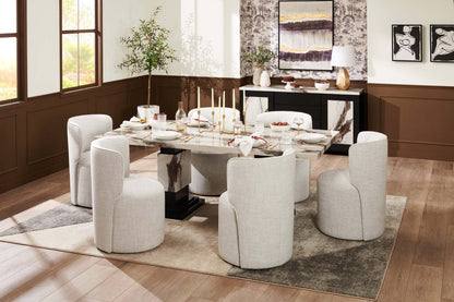 Table à manger Vega, aspect marbre, base sur pied, 82 W - Noir et blanc | Table de salle à manger Vega de 82 po (L) avec imitation de marbre et socle piédestal - noire et blanche