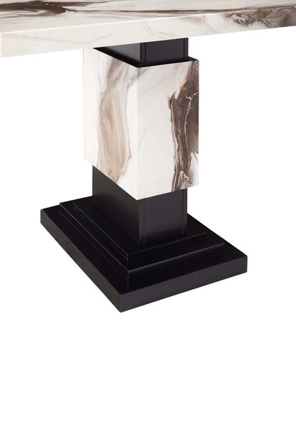 Table à manger Vega, aspect marbre, base sur pied, 82 W - Noir et blanc | Table de salle à manger Vega de 82 po (L) avec imitation de marbre et socle piédestal - noire et blanche