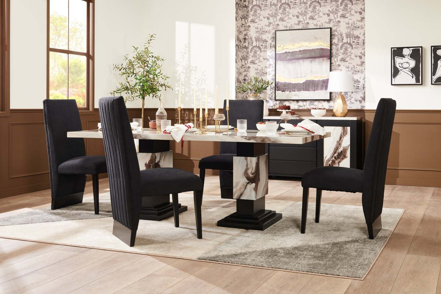 Table à manger Vega, aspect marbre, base sur pied, 82 W - Noir et blanc | Table de salle à manger Vega de 82 po (L) avec imitation de marbre et socle piédestal - noire et blanche