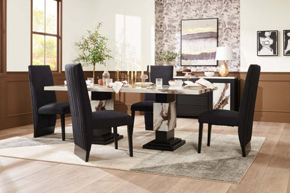 Table à manger Vega, aspect marbre, base sur pied, 82 W - Noir et blanc | Table de salle à manger Vega de 82 po (L) avec imitation de marbre et socle piédestal - noire et blanche