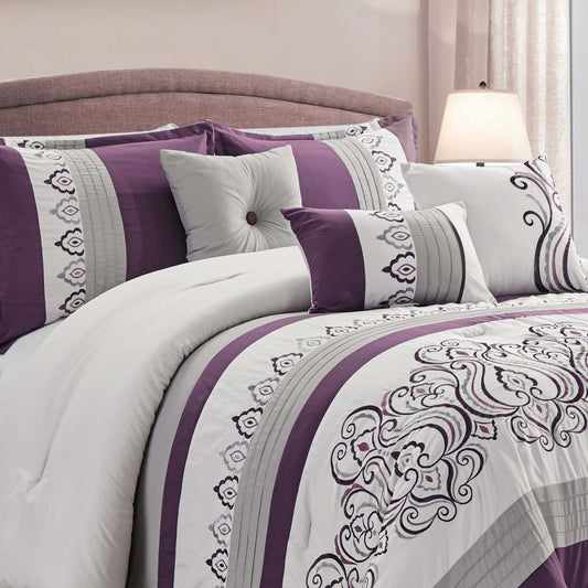 Ensemble d'édredon Venice 7 pièces pour très grand lit - Violet et blanc | Ensemble d'édredon Venise 7 pièces pour très grand lit - violet et blanc | VENIQUE7KG