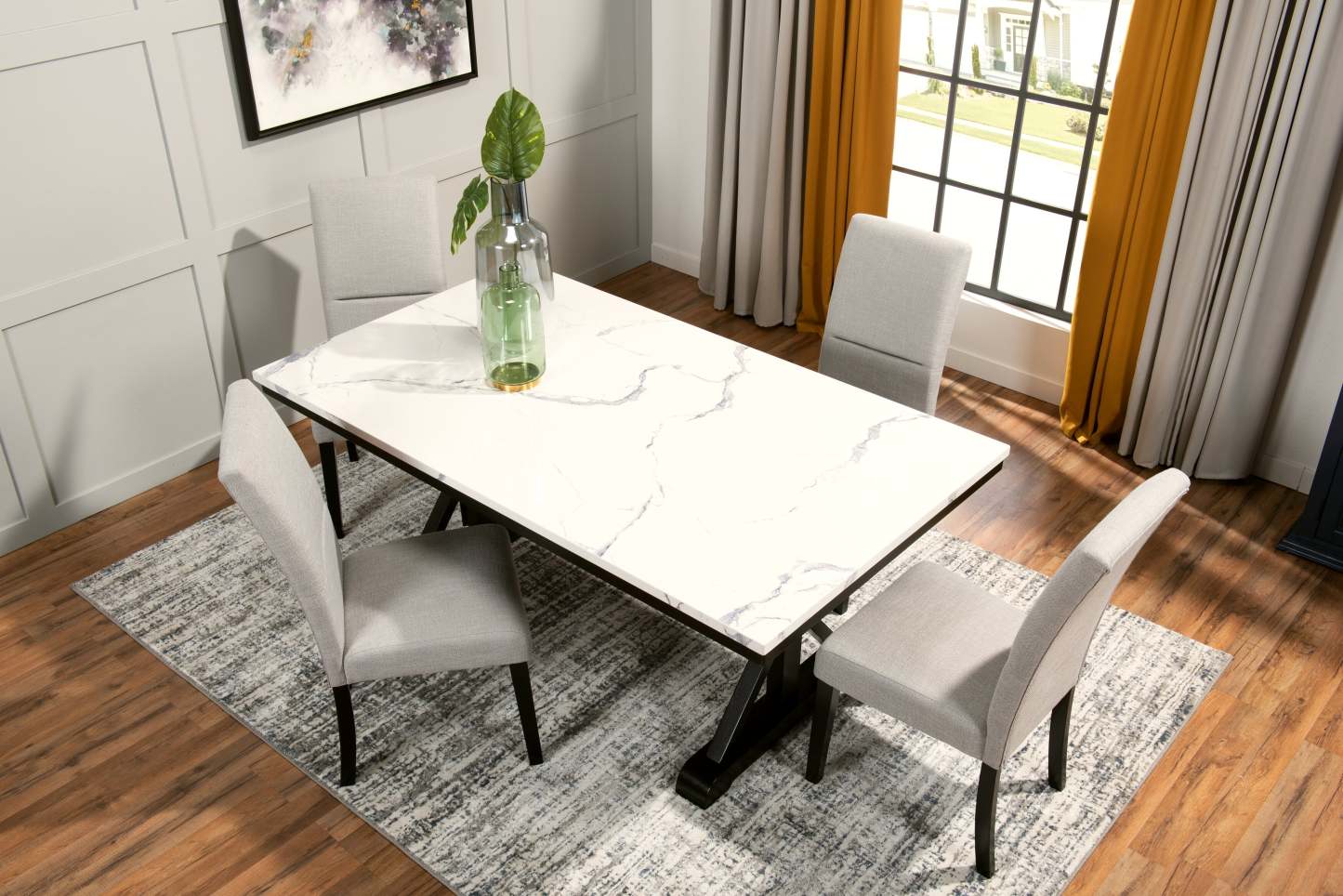 Ensemble de salle à manger Vérone 5 pièces avec table de 70 po (L), dessus en marbre synthétique, base à tréteaux et 4 chaises - blanc