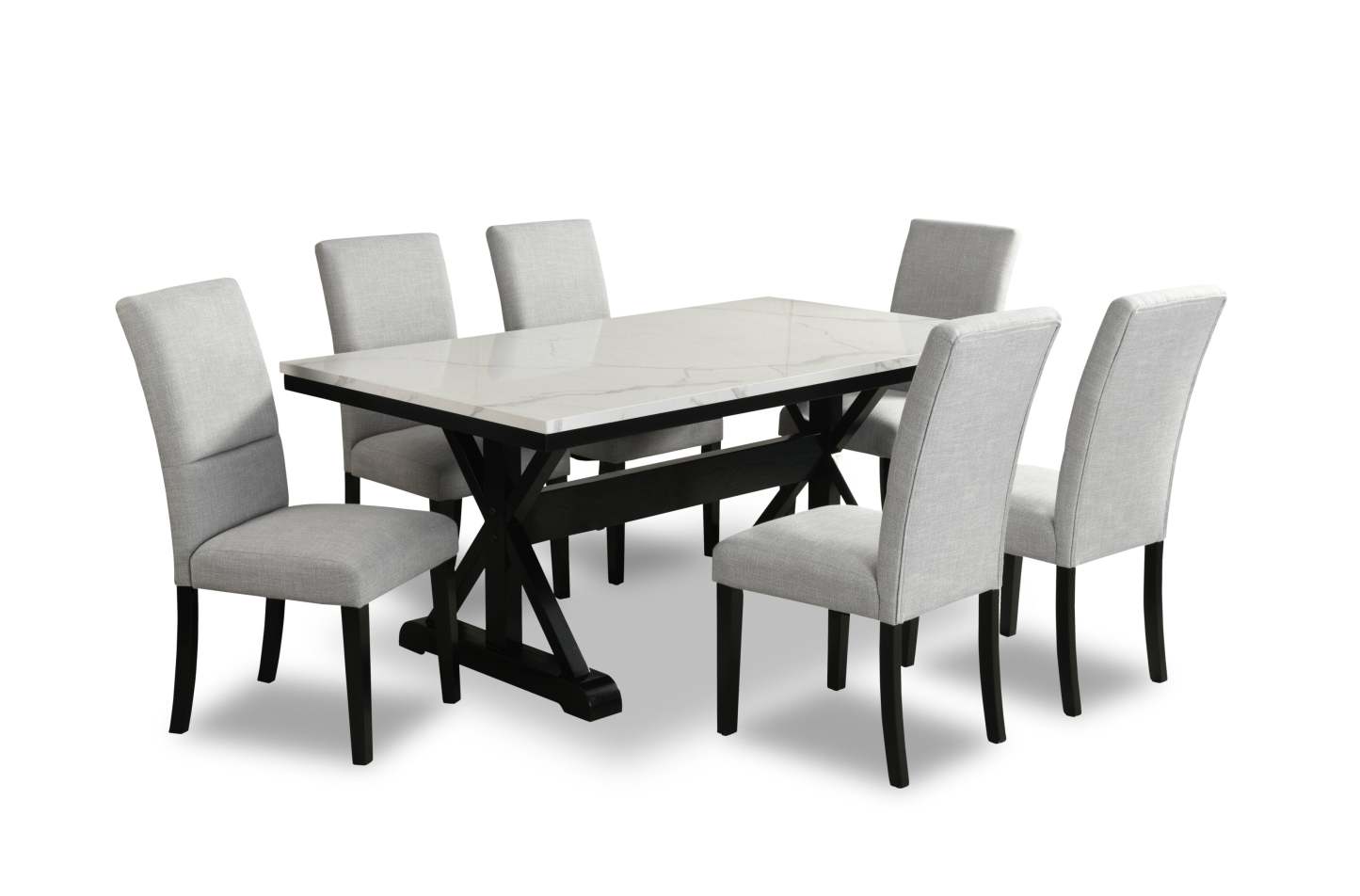 Ensemble de salle à manger Vérone 7 pièces avec table de 70 po (L), dessus en marbre synthétique, base à tréteaux et 6 chaises - blanc