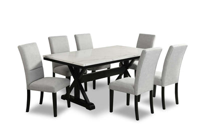 Ensemble de salle à manger Vérone 7 pièces avec table de 70 po (L), dessus en marbre synthétique, base à tréteaux et 6 chaises - blanc