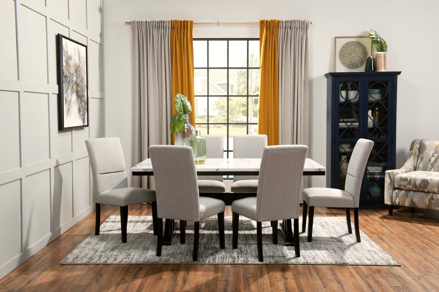 Ensemble de salle à manger Vérone 7 pièces avec table de 70 po (L), dessus en marbre synthétique, base à tréteaux et 6 chaises - blanc