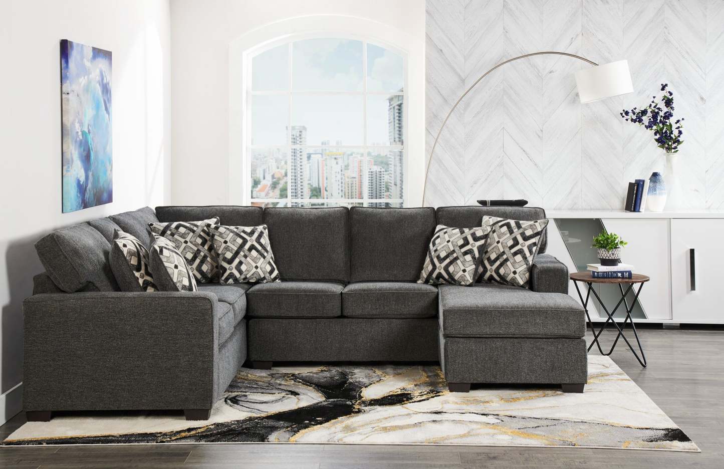 Fabriqué au Canada, sectionnel de droite Verona 2 pièces en tissu d'apparence lin avec coussins amovibles - gris anthracite