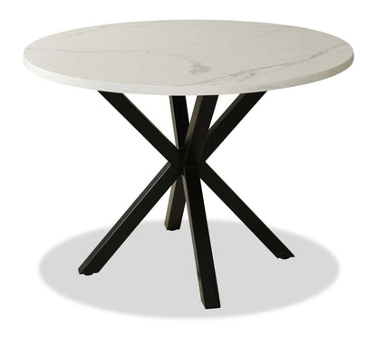 Table de salle à manger Vérone avec plateau Culture marbré, métal, base géométrique, 42 W ronde - Blanc | Table de salle à manger ronde Verona de 42 po (L) en métal avec dessus en marbre synthétique et base géométrique - blanche
