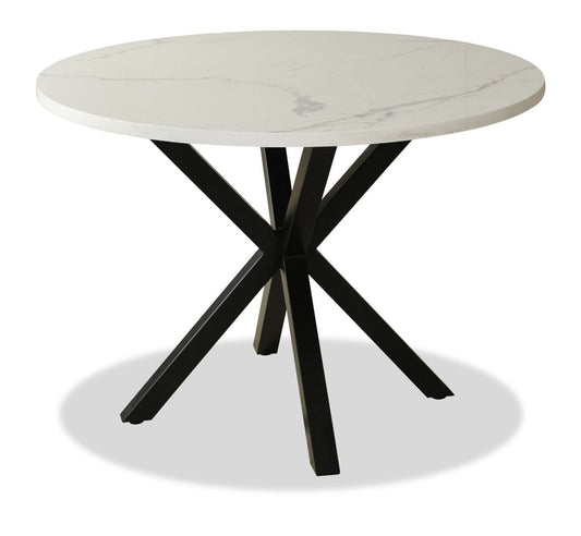 Table de salle à manger Vérone avec plateau Culture marbré, métal, base géométrique, 42 W ronde - Blanc | Table de salle à manger ronde Verona de 42 po (L) en métal avec dessus en marbre synthétique et base géométrique - blanche