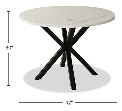 Table de salle à manger Vérone avec plateau Culture marbré, métal, base géométrique, 42 W ronde - Blanc | Table de salle à manger ronde Verona de 42 po (L) en métal avec dessus en marbre synthétique et base géométrique - blanche