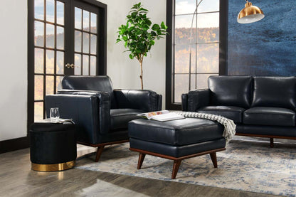 Vivia 40 Fauteuil en cuir véritable avec coussin de siège amovible et base en bois - bleu marine | Chaise Vivia 40 en cuir véritable avec coussin de siège amovible et base en bois - Bleu marine