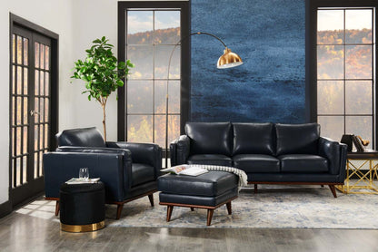 Ottoman Vivia 28 en cuir véritable avec base en bois - Bleu marine | Pouf Vivia de 28 po en cuir avec base en bois - bleu marine véritable