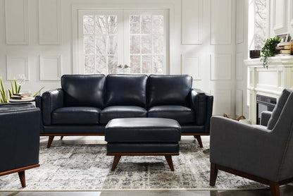 Ottoman Vivia 28 en cuir véritable avec base en bois - Bleu marine | Pouf Vivia de 28 po en cuir avec base en bois - bleu marine véritable