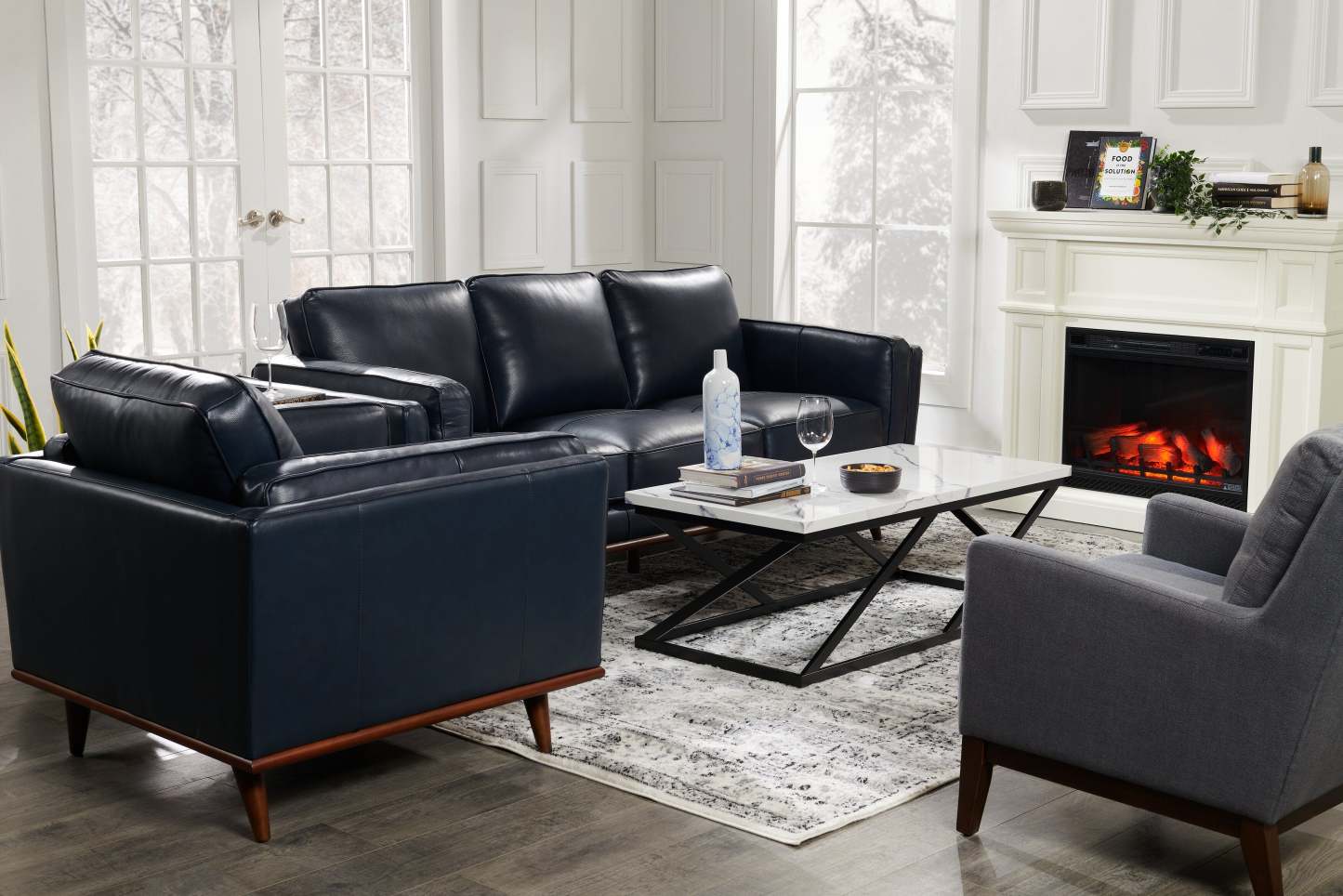 Vivia 86 canapé en cuir véritable avec coussins de siège amovibles et base en bois - bleu marine | Sofa Vivia de 86 po en cuir véritable avec coussins de siège amovibles et pattes en bois - bleu marine