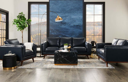 Vivia 86 canapé en cuir véritable avec coussins de siège amovibles et base en bois - bleu marine | Sofa Vivia de 86 po en cuir véritable avec coussins de siège amovibles et pattes en bois - bleu marine