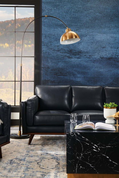 Vivia 86 canapé en cuir véritable avec coussins de siège amovibles et base en bois - bleu marine | Sofa Vivia de 86 po en cuir véritable avec coussins de siège amovibles et pattes en bois - bleu marine