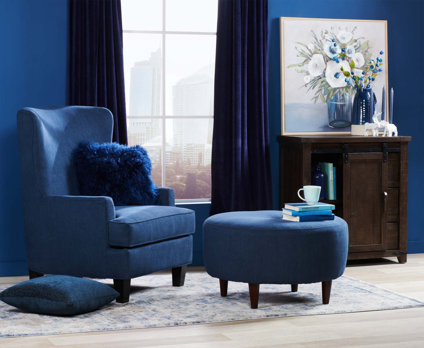 Fauteuil d'appoint à oreilles personnalisable Sofa Lab de 32 po fabriqué au Canada en tissu d'apparence lin - bleu Pax Navy | AILE3149