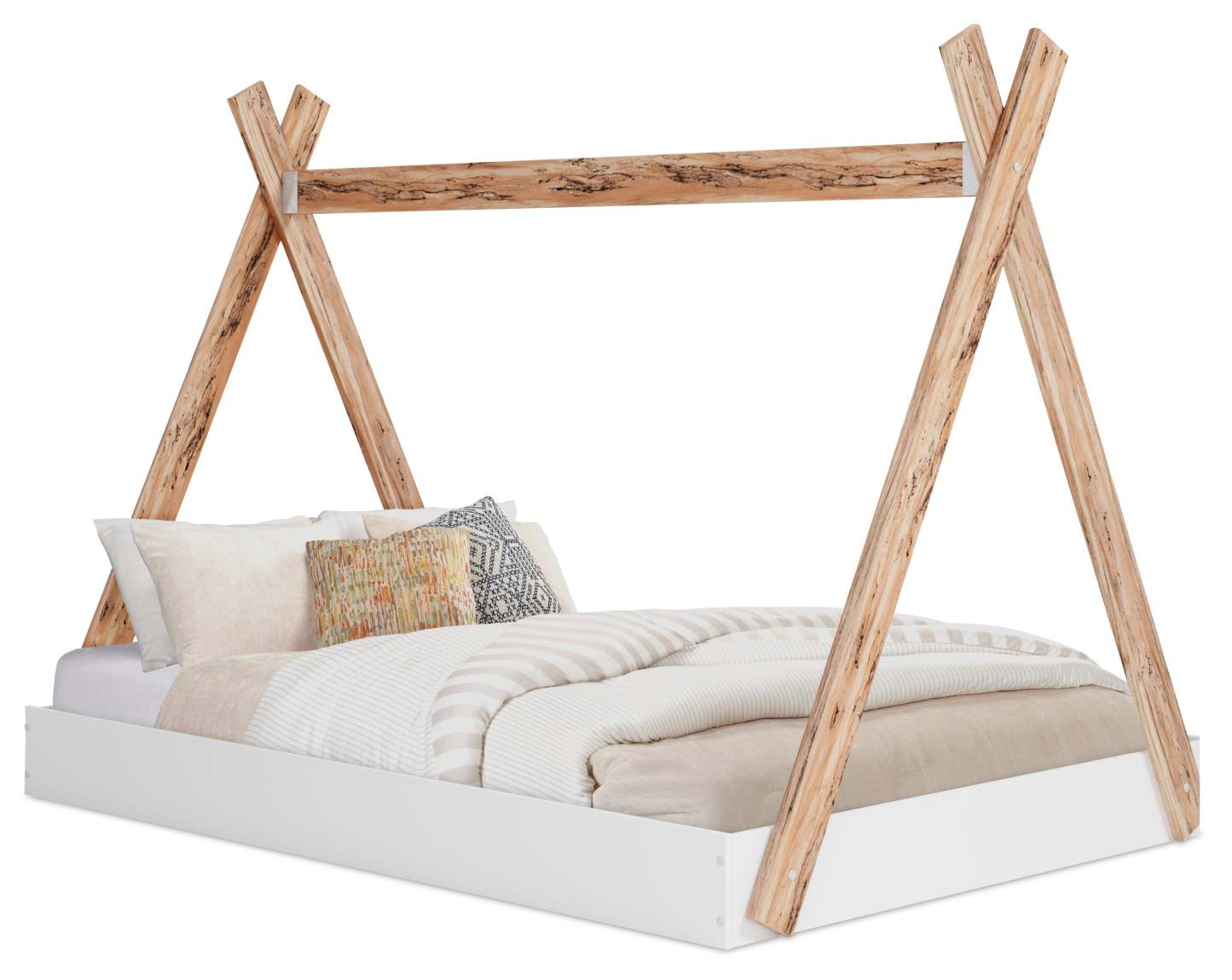 Lit de tente plateforme Wolf pour enfants, bicolore blanc et naturel - Pleine grandeur | Lit Wolf plateforme en forme de tente pour enfants, deux teintes, blanc et naturel - format lit double