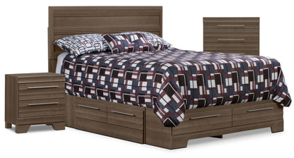 Ensemble de chambre à coucher Olivia 5 pièces avec rangement complet, commode et table de nuit – Gris|Ensemble Olivia 5 pièces avec lit double de rangement, commode et table de nuit - gris