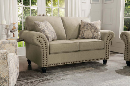 Causeuse Wynn de 70 po fabriquée au Canada en tissu de chenille avec bordure de clous décoratifs et pattes en oignon en bois - taupe