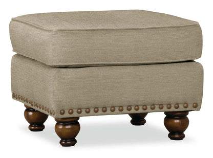Made in Canada Wynn 24 Chenille Fabric Ottoman with Nailhead Trim and Wood Bun Legs - Taupe | Pouf Wynn de 24 po fabriqué au Canada en tissu de chenille avec bordure de clous décoratifs et pattes en oignon en bois - taupe