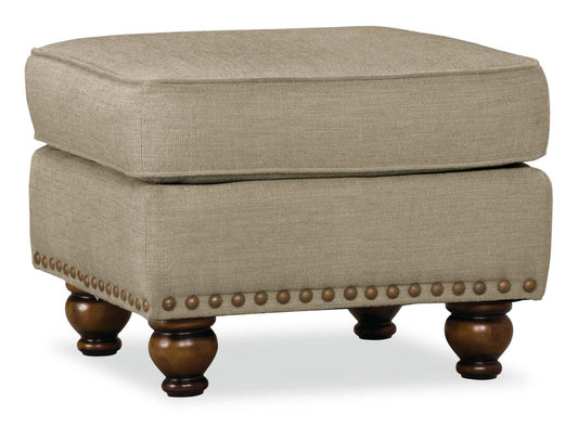 Made in Canada Wynn 24 Chenille Fabric Ottoman with Nailhead Trim and Wood Bun Legs - Taupe | Pouf Wynn de 24 po fabriqué au Canada en tissu de chenille avec bordure de clous décoratifs et pattes en oignon en bois - taupe
