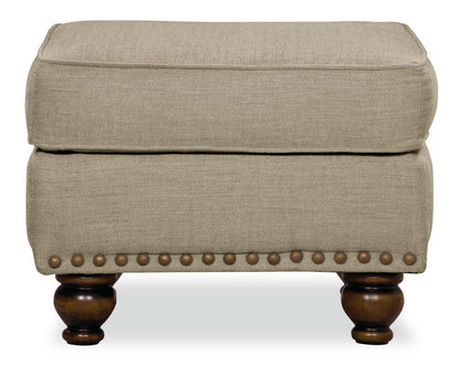 Made in Canada Wynn 24 Chenille Fabric Ottoman with Nailhead Trim and Wood Bun Legs - Taupe | Pouf Wynn de 24 po fabriqué au Canada en tissu de chenille avec bordure de clous décoratifs et pattes en oignon en bois - taupe