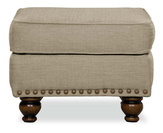 Made in Canada Wynn 24 Chenille Fabric Ottoman with Nailhead Trim and Wood Bun Legs - Taupe | Pouf Wynn de 24 po fabriqué au Canada en tissu de chenille avec bordure de clous décoratifs et pattes en oignon en bois - taupe