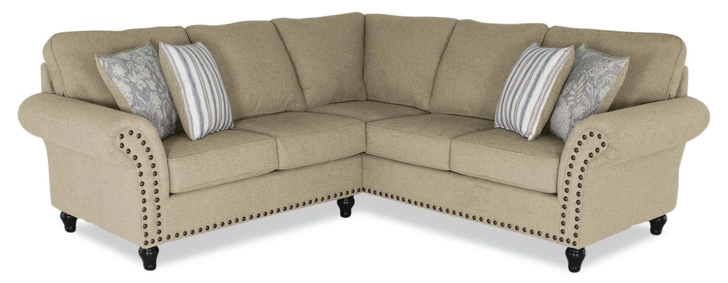 Made in Canada Wynn 2-Piece Chenille Fabric Sectional with Nailhead Trim and Wood Bun Legs - Taupe  | Canapé sectionnel Wynn 2 pièces fabriqué au Canada en tissu de chenille avec bordure de clous décoratifs et pattes en bois en forme de boule - taupe