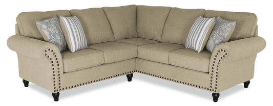 Made in Canada Wynn 2-Piece Chenille Fabric Sectional with Nailhead Trim and Wood Bun Legs - Taupe  | Canapé sectionnel Wynn 2 pièces fabriqué au Canada en tissu de chenille avec bordure de clous décoratifs et pattes en bois en forme de boule - taupe
