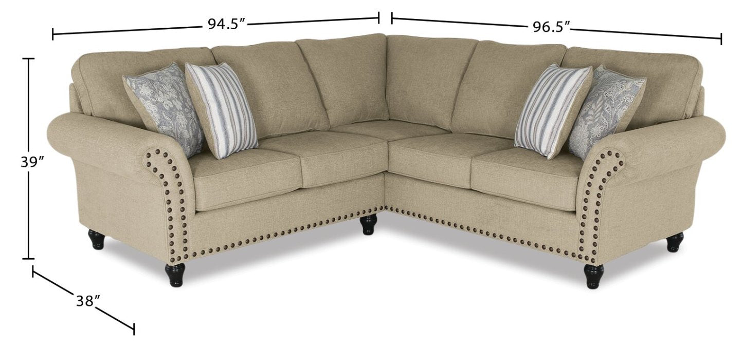 Made in Canada Wynn 2-Piece Chenille Fabric Sectional with Nailhead Trim and Wood Bun Legs - Taupe  | Canapé sectionnel Wynn 2 pièces fabriqué au Canada en tissu de chenille avec bordure de clous décoratifs et pattes en bois en forme de boule - taupe