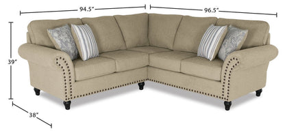 Made in Canada Wynn 2-Piece Chenille Fabric Sectional with Nailhead Trim and Wood Bun Legs - Taupe  | Canapé sectionnel Wynn 2 pièces fabriqué au Canada en tissu de chenille avec bordure de clous décoratifs et pattes en bois en forme de boule - taupe