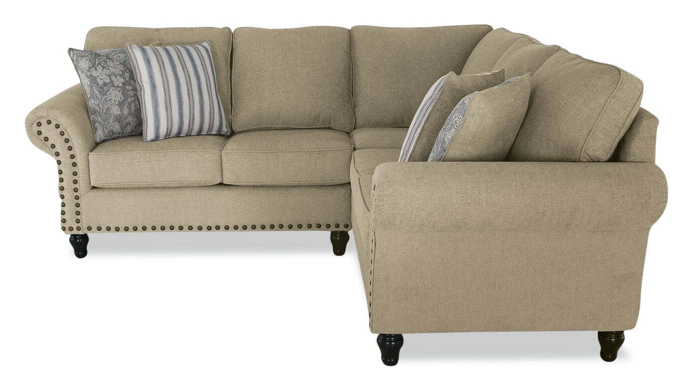 Made in Canada Wynn 2-Piece Chenille Fabric Sectional with Nailhead Trim and Wood Bun Legs - Taupe  | Canapé sectionnel Wynn 2 pièces fabriqué au Canada en tissu de chenille avec bordure de clous décoratifs et pattes en bois en forme de boule - taupe