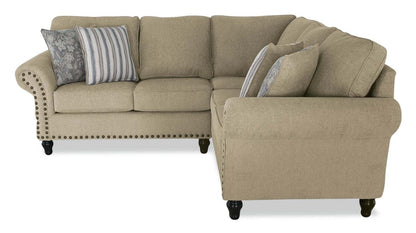 Made in Canada Wynn 2-Piece Chenille Fabric Sectional with Nailhead Trim and Wood Bun Legs - Taupe  | Canapé sectionnel Wynn 2 pièces fabriqué au Canada en tissu de chenille avec bordure de clous décoratifs et pattes en bois en forme de boule - taupe