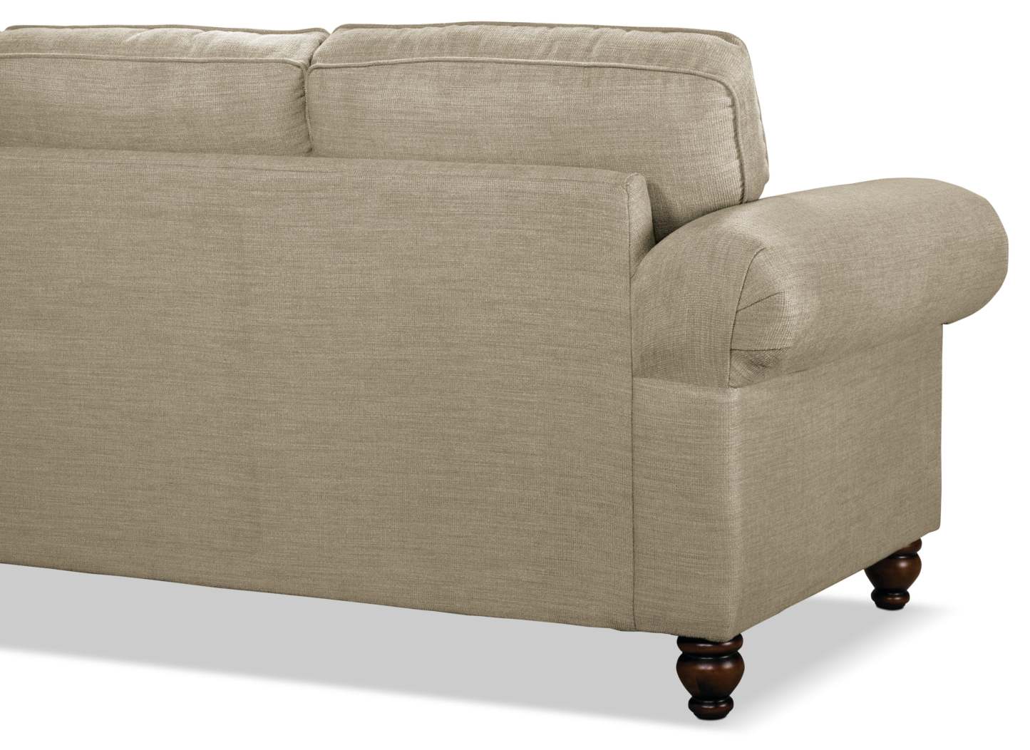 Made in Canada Wynn 2-Piece Chenille Fabric Sectional with Nailhead Trim and Wood Bun Legs - Taupe  | Canapé sectionnel Wynn 2 pièces fabriqué au Canada en tissu de chenille avec bordure de clous décoratifs et pattes en bois en forme de boule - taupe