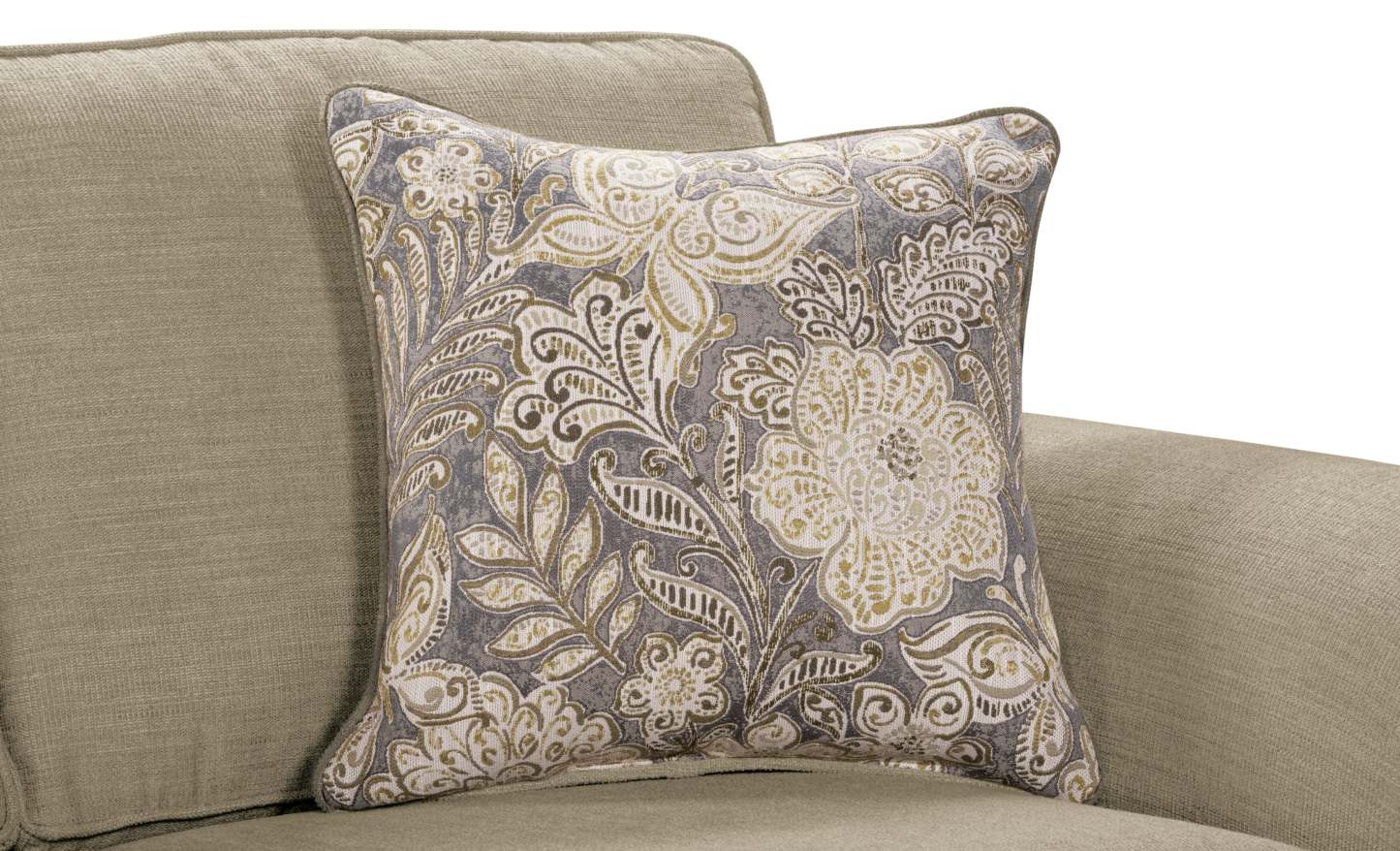 Made in Canada Wynn 2-Piece Chenille Fabric Sectional with Nailhead Trim and Wood Bun Legs - Taupe  | Canapé sectionnel Wynn 2 pièces fabriqué au Canada en tissu de chenille avec bordure de clous décoratifs et pattes en bois en forme de boule - taupe