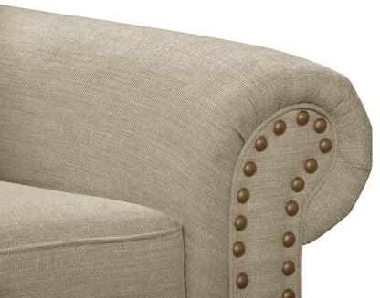 Made in Canada Wynn 2-Piece Chenille Fabric Sectional with Nailhead Trim and Wood Bun Legs - Taupe  | Canapé sectionnel Wynn 2 pièces fabriqué au Canada en tissu de chenille avec bordure de clous décoratifs et pattes en bois en forme de boule - taupe