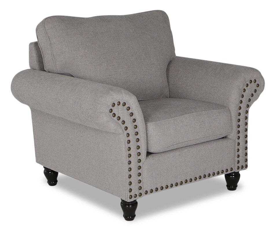 Fauteuil Wynn de 47 po fabriqué au Canada en tissu de chenille avec bordure de clous décoratifs et pattes en oignon en bois - gris