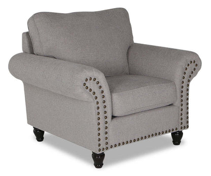 Fauteuil Wynn de 47 po fabriqué au Canada en tissu de chenille avec bordure de clous décoratifs et pattes en oignon en bois - gris