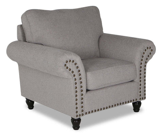 Fauteuil Wynn de 47 po fabriqué au Canada en tissu de chenille avec bordure de clous décoratifs et pattes en oignon en bois - gris