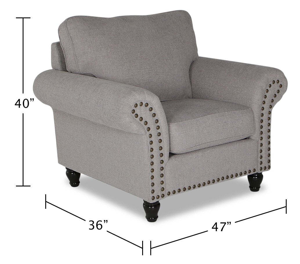 Fauteuil Wynn de 47 po fabriqué au Canada en tissu de chenille avec bordure de clous décoratifs et pattes en oignon en bois - gris