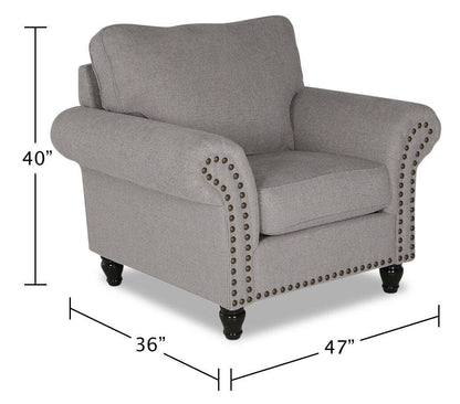 Fauteuil Wynn de 47 po fabriqué au Canada en tissu de chenille avec bordure de clous décoratifs et pattes en oignon en bois - gris