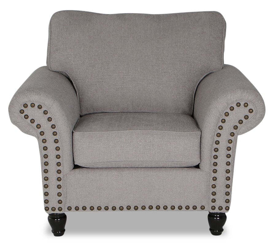 Fauteuil Wynn de 47 po fabriqué au Canada en tissu de chenille avec bordure de clous décoratifs et pattes en oignon en bois - gris