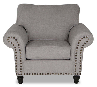 Fauteuil Wynn de 47 po fabriqué au Canada en tissu de chenille avec bordure de clous décoratifs et pattes en oignon en bois - gris
