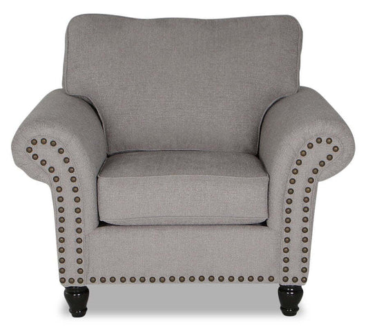 Fauteuil Wynn de 47 po fabriqué au Canada en tissu de chenille avec bordure de clous décoratifs et pattes en oignon en bois - gris