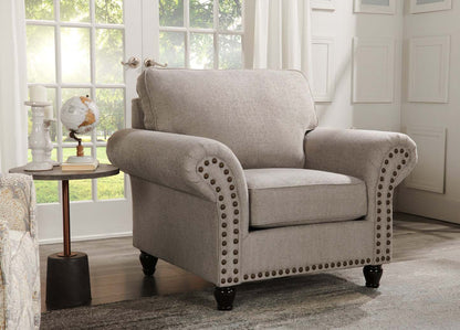 Fauteuil Wynn de 47 po fabriqué au Canada en tissu de chenille avec bordure de clous décoratifs et pattes en oignon en bois - gris