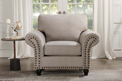 Fauteuil Wynn de 47 po fabriqué au Canada en tissu de chenille avec bordure de clous décoratifs et pattes en oignon en bois - gris