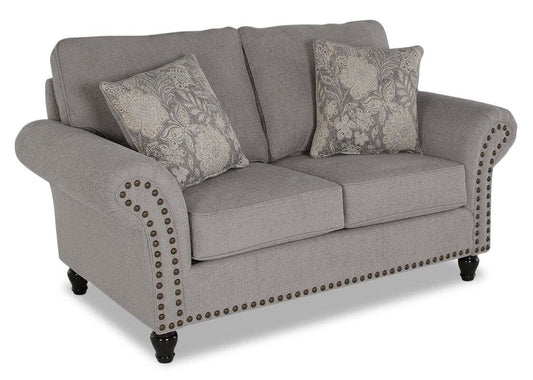 Made in Canada Wynn 70 Chenille Fabric Loveseat with Nailhead Trim and Wood Bun Legs - Grey | Causeuse Wynn de 70 po fabriquée au Canada en tissu de chenille avec bordure de clous décoratifs et pattes en oignon en bois - gris