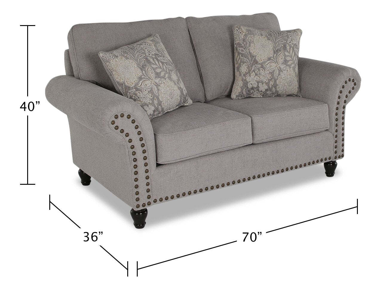 Made in Canada Wynn 70 Chenille Fabric Loveseat with Nailhead Trim and Wood Bun Legs - Grey | Causeuse Wynn de 70 po fabriquée au Canada en tissu de chenille avec bordure de clous décoratifs et pattes en oignon en bois - gris