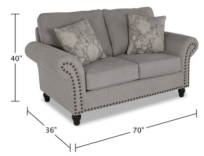 Made in Canada Wynn 70 Chenille Fabric Loveseat with Nailhead Trim and Wood Bun Legs - Grey | Causeuse Wynn de 70 po fabriquée au Canada en tissu de chenille avec bordure de clous décoratifs et pattes en oignon en bois - gris