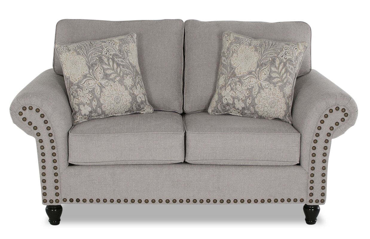 Made in Canada Wynn 70 Chenille Fabric Loveseat with Nailhead Trim and Wood Bun Legs - Grey | Causeuse Wynn de 70 po fabriquée au Canada en tissu de chenille avec bordure de clous décoratifs et pattes en oignon en bois - gris